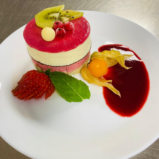 Thursday 09/07: "Red Berry Delight": Almond biscuit, red berry and passion fruit mousse with a white chocolate disc
