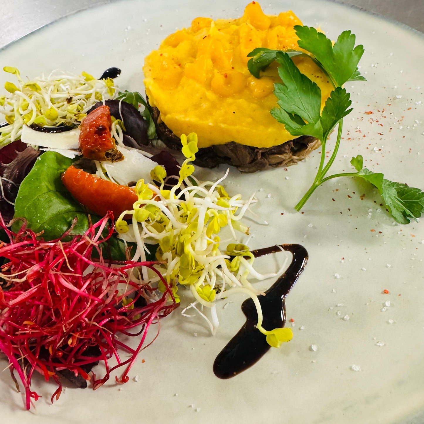 Thursday 11/12: Shredded beef gratin with red wine and oyster mushrooms, mashed potatoes with butternut squash, mixed baby greens